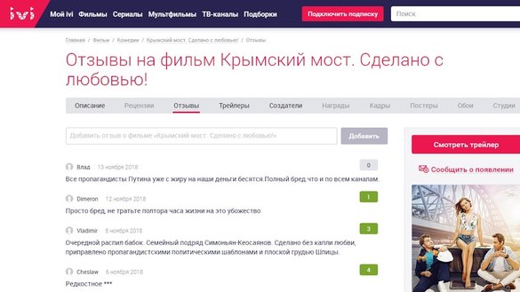 Снимок экрана с едкими комментариями обозревателей к российскому пропагандистскому фильму «Крымский мост. Сделано с любовью!».