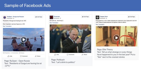 Facebookнинг ўтган йил 3 апрель кунги эълонида Россиядаги Интернет тадқиқотлари агентлиги (IRA) томонидан назорат қилинадиган аккаунтлар ва саҳифаларда жойлашган реклама акс этган. 26 март куни Facebook аксари Россия билан боғлиқ бўлган яна 2600 та саҳифа, гуруҳ ва аккаунтларни ўчиргани ҳақида хабар берди. (Facebook)