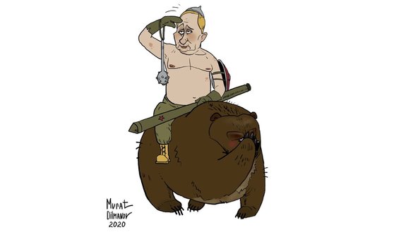 «В поисках традиционных, исконных, исторических подарков». Карикатура на Путина алматинского художника Мурата Дильманова.