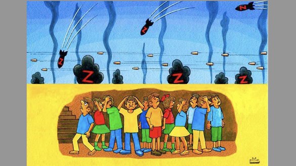Гражданское население прячется в убежище от бомб с буквой «Z». [Махмуджон Эшонкулов]